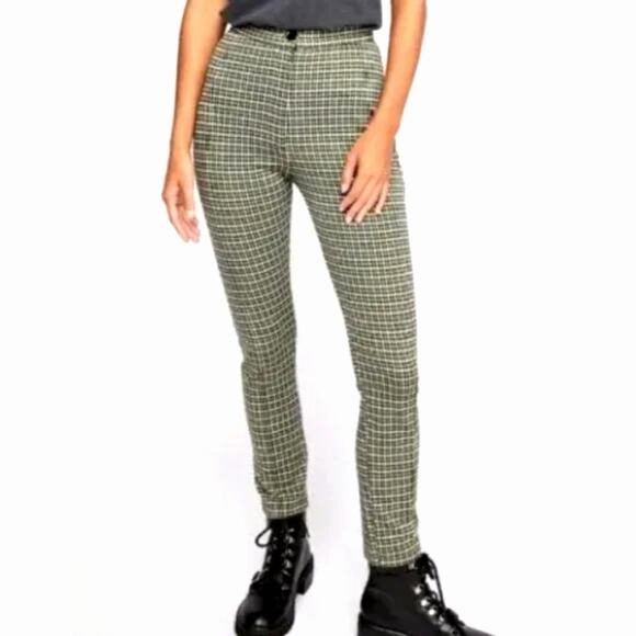 NEW Free People 8 High Waist Plaid Bareback Pant Stretch Skinny Jean Crop Green - Picture 1 of 6